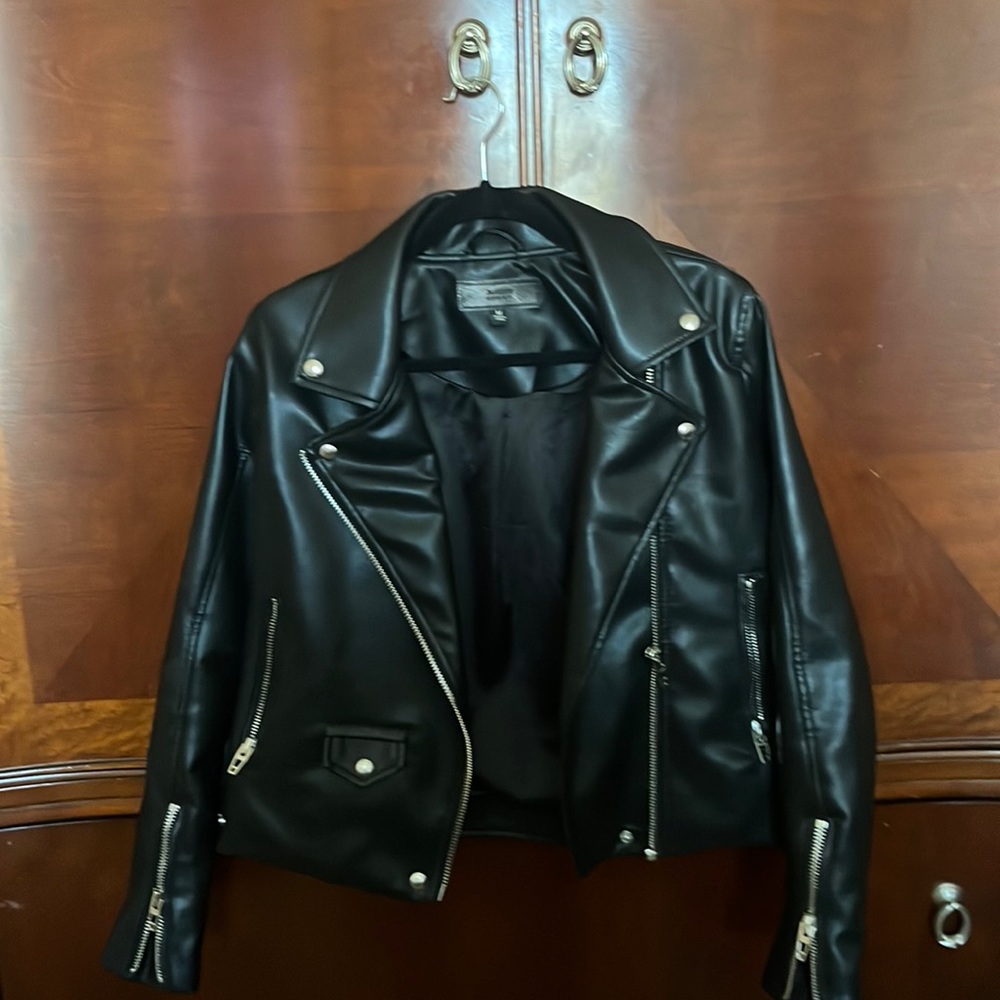 Black faux leather moto jacket